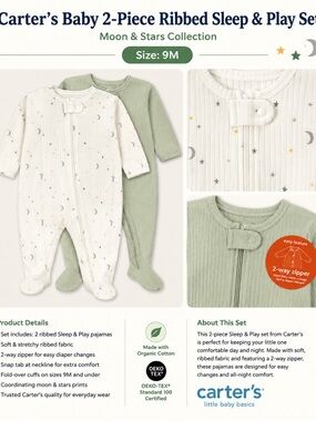 Carter's Ribbed 2-Pack Footed Sleep & Play Set in Sage and Cream Moon Print